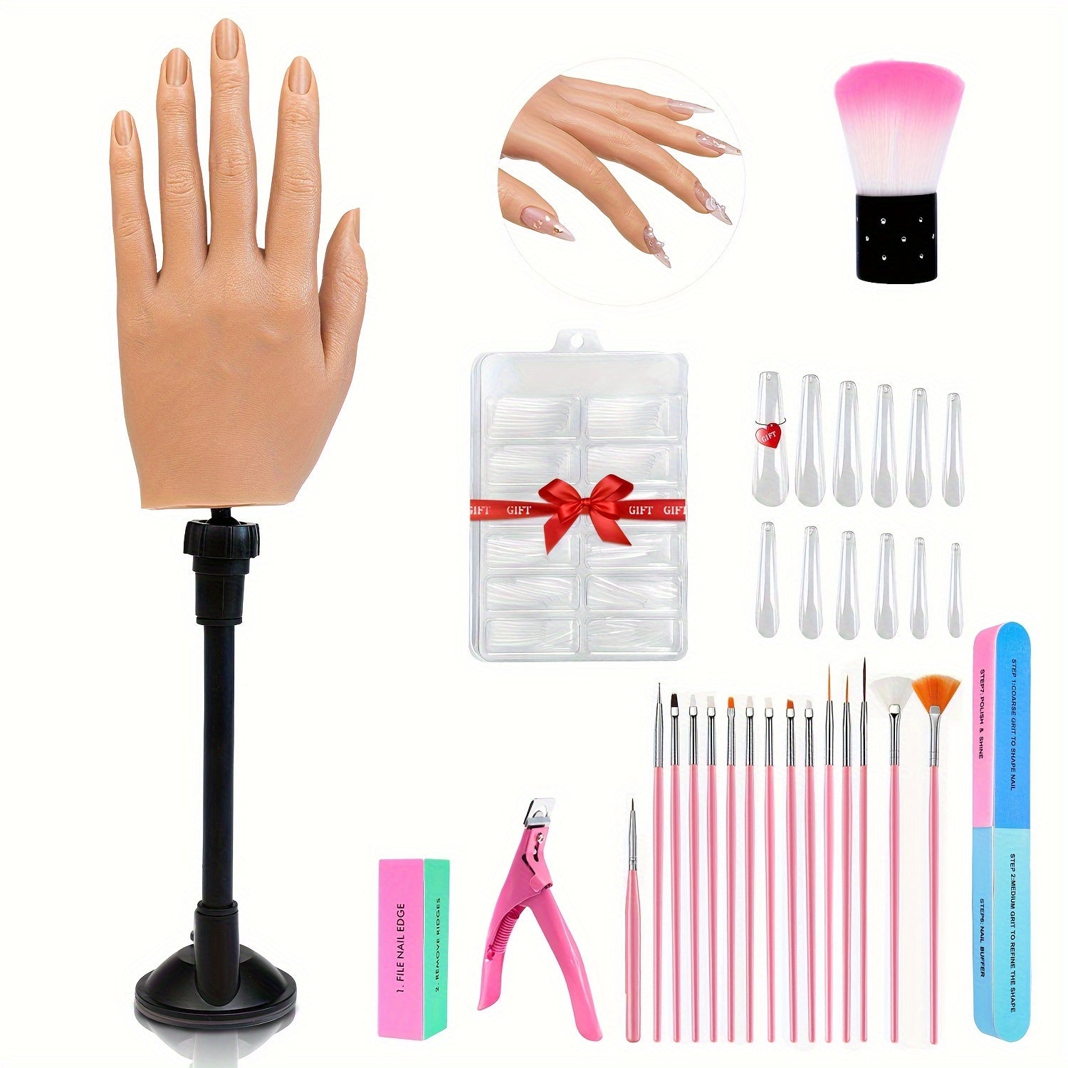 Nail Silicone Practice Hand For Acrylic Nails Training Fake Hand Nail Art Practice Tools Hand Tattooed Nail Jewelry Showcase Supplies Manicure Beginners